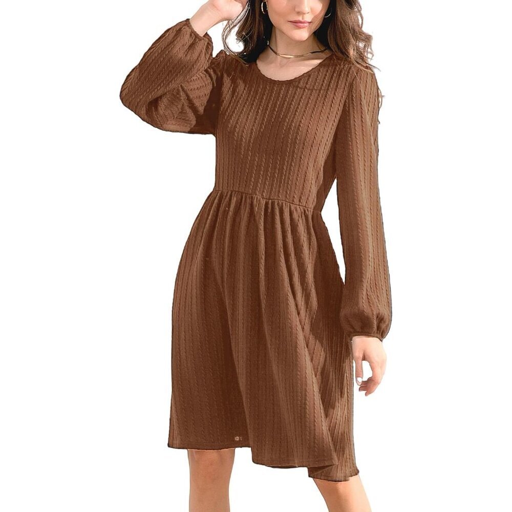 Women's Knit Sweater Dress with Pockets Crew Neck Long Sleeve A-Line - Picture 6 of 6